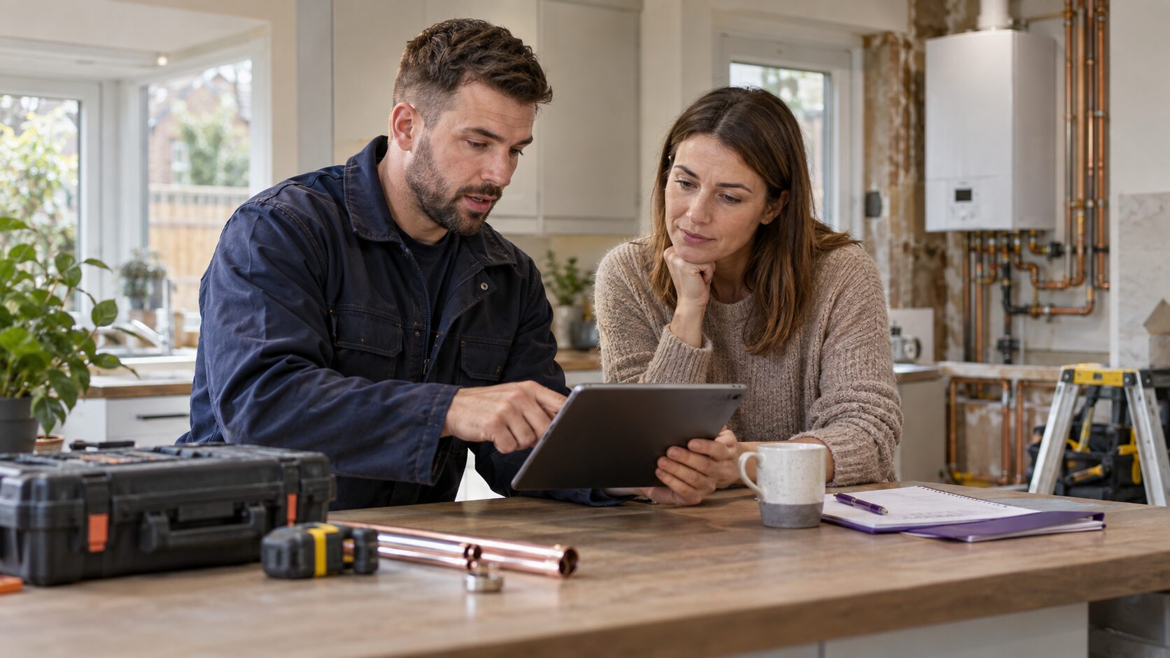 Heating engineer and homeowner reviewing an accepted digital quote before work begins